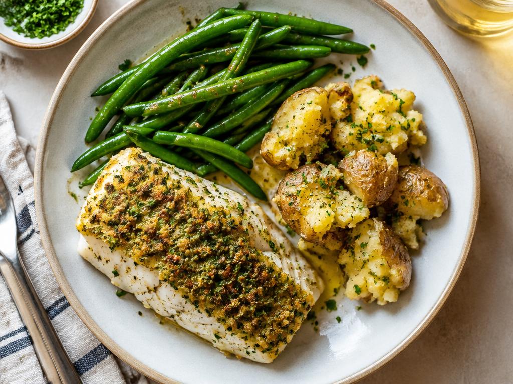 Herb-crusted cod with crushed potatoes