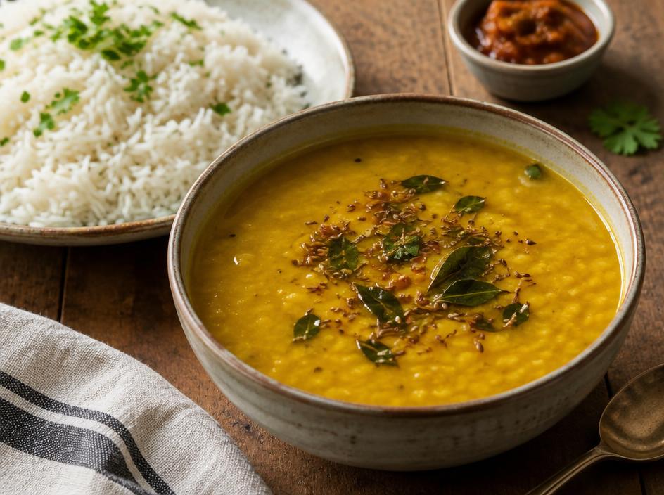 Golden dal tadka with rice