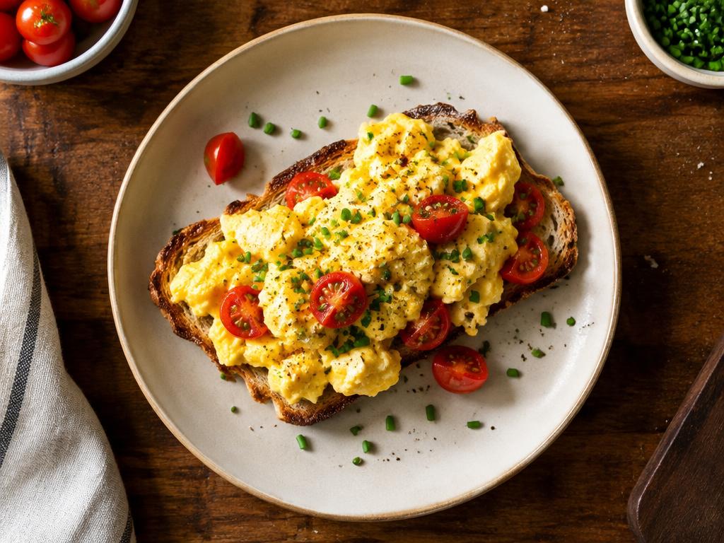 Soft scrambled eggs on sourdough