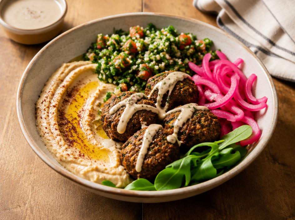 Falafel mezze bowl with hummus