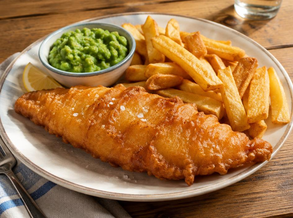 Oven fish and chips with minty peas