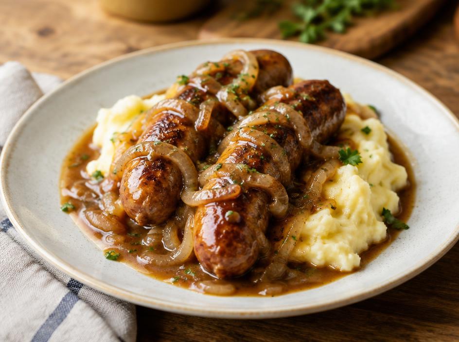 Sausage & mash with onion gravy