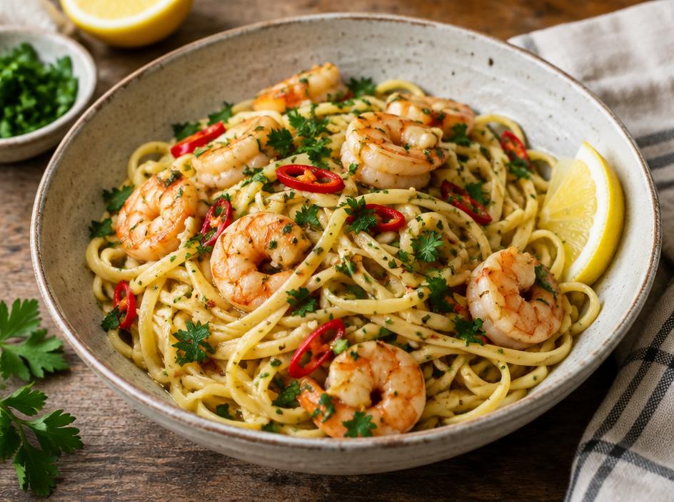 Garlic butter prawn linguine