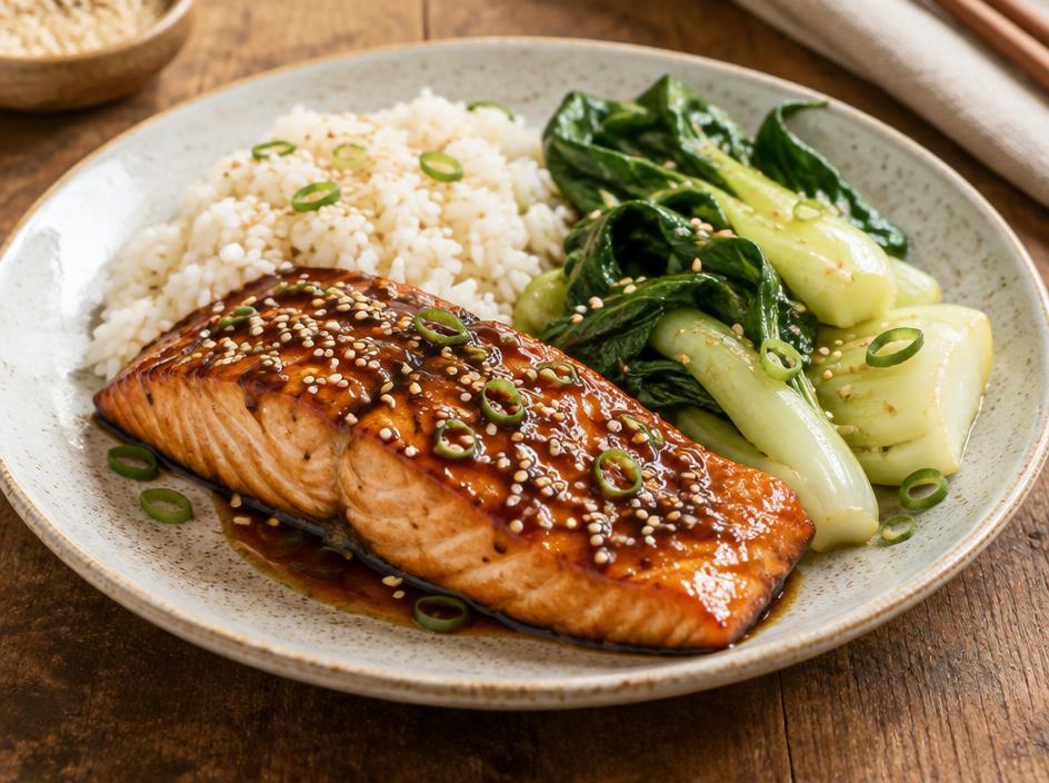 Teriyaki salmon with greens