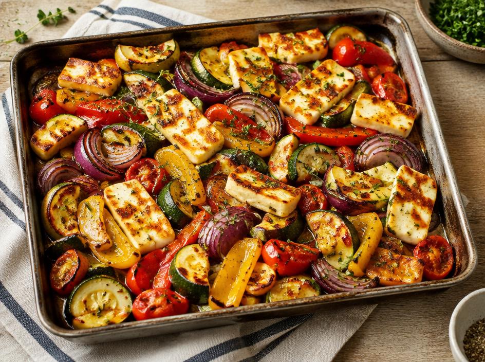 Halloumi & roasted veg traybake